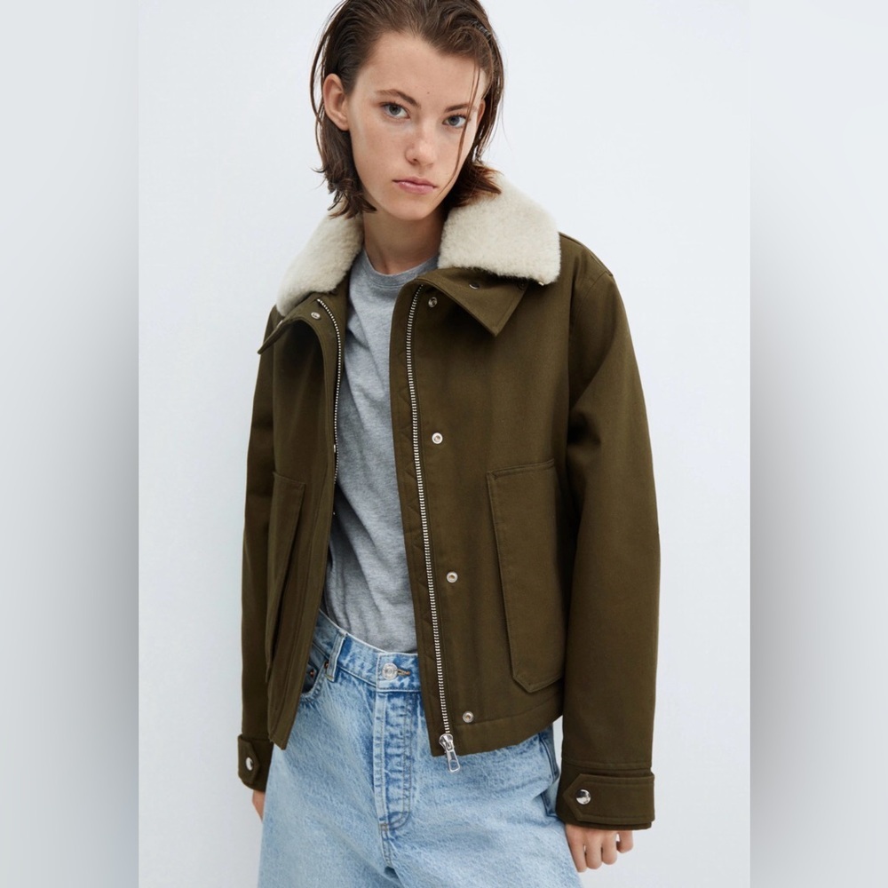 Mango Oversized Khaki Parka Faux Fur Collar Jacket NWT Small - Picture 2 of 14